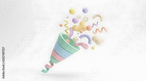 3d party popper cone with floating abstract shapes and colorful confetti on a white background isolated