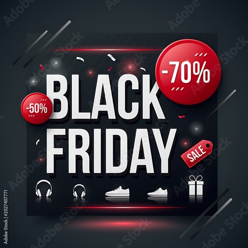 Black Friday Sale Promotional Banner with Shopping Icons.