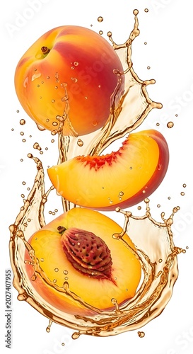 Fresh Ripe Peach Slices Splashing in Golden Liquid on White Background