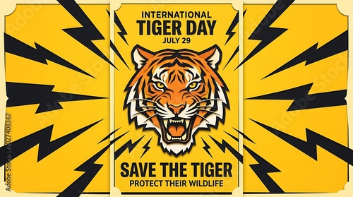 International Tiger Day Poster Design with Fierce Tiger Head.
