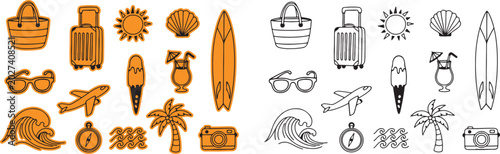 Fotografía Summer vacation travel and beach icons with palm tree flip flops hand drawn vaca