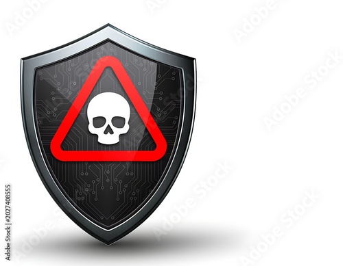 Black metallic shield with a white skull icon inside a red warning triangle.