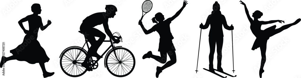 Fototapeta premium Black and white of people performing various activities silhouette running cycling de