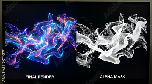 Comparison of 3D Fluid Simulation Final Render and Alpha Mask.