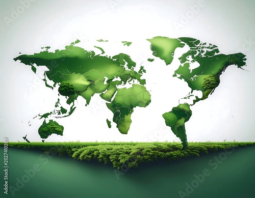 Conceptual Green Earth World Map Made of Lush Grass and Foliage.