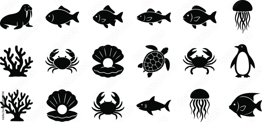 Fototapeta premium Marine animals illustration with walrus, fish, jellyfish, coral reef, crab, clam shell pearl, sea turtle, penguin, shark design