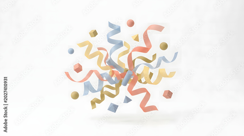 Fototapeta premium Floating 3d geometric shapes and colorful ribbons scattered in the air on a plain white studio background surface