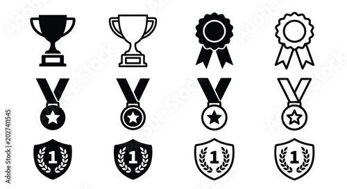 award icons set trophy medal and laurel wreath silhouette
