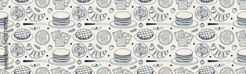 Seamless horizontal panoramic breakfast pattern with hand-drawn black and white doodle illustrations of stacked pancakes, croissants, waffles, and toast. Tasty background for cafe menu