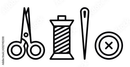 Tableau sur toile Sewing tools line art icons set, generic scissors thread spool needle and button elements for tailoring and handmade design