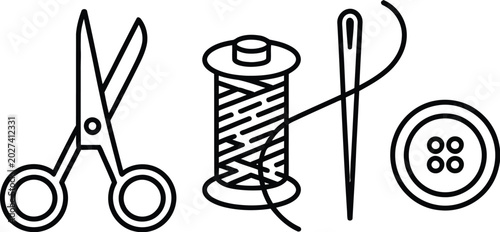 Obraz na płótnie Sewing tools line art illustration set, generic scissors thread spool needle and button elements for tailoring and craft design