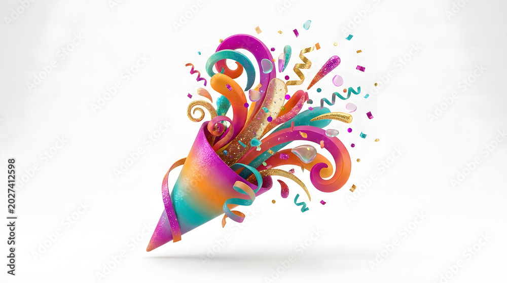 Obraz premium Party cone exploding with colorful ribbons and confetti on a white background for festive celebration and event themes