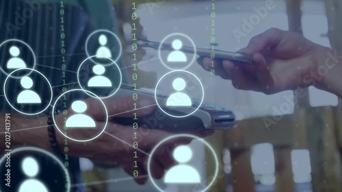 Phone nearing POS starting contactless pay, customer hand moving, network icons multiplying