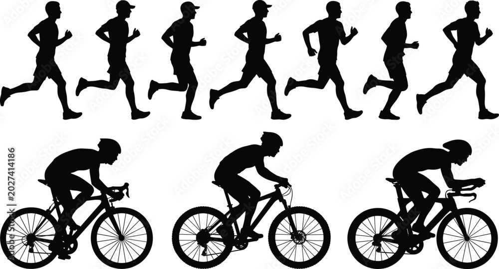 Obraz premium Silhouettes of Runners and Cyclists Depicting Athletic Motion, Fitness Training, and Human Movement for Sports Design