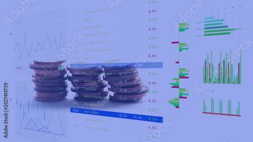 Blue bar shifting, coin stacks growing and spreading, table showing sector percent and portfolio