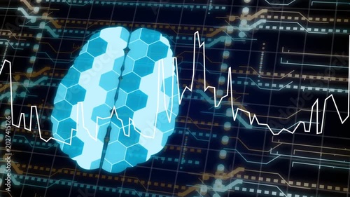 Glowing hexagonal brain being pulsed by rising waveform, tiles brightening to show neural activity