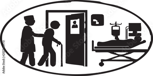 Foto Doctor Guiding Elderly Patient with Cane toward Clinic Treatment Room Silhouette