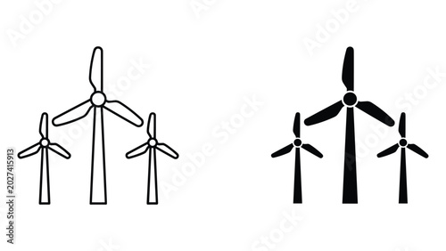 Three wind turbine icons in outline and solid black vector format