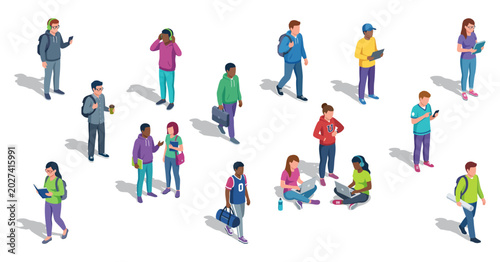 Photos Isometric students on school campus | Diverse group of university teenagers walk