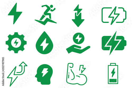 Eco-Friendly Green Energy and Performance Icon Set - Flash, Battery Charge, and Vitality Symbols for UI Design