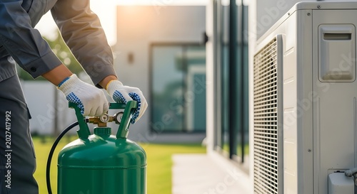 Technician filling air conditioner with refrigerant gas. Repairman checking cooling system compressor unit. Energy efficiency, climate control maintenance and home ventilation service concept.