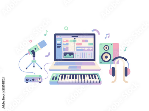 Music production setup with keyboard and computer