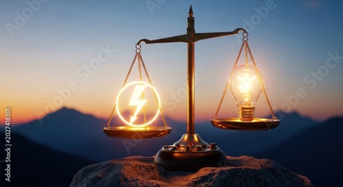 Energy balance and power concept with a glowing light bulb and electricity symbol on a vintage scale against a scenic sunset.