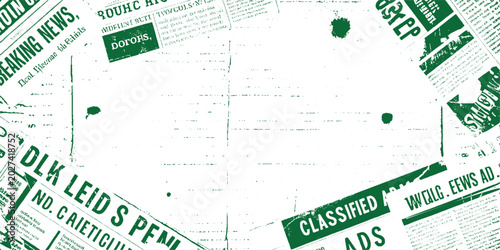 Scattered green newspaper clippings with headlines and text on white background