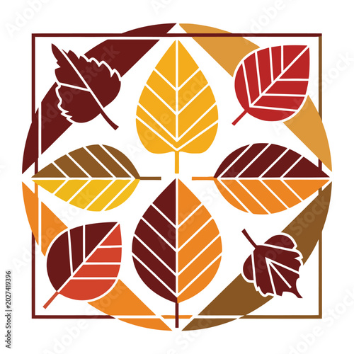 Autumn leaves collection in square frame with colorful fall foliage vector illustration