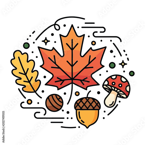 Autumn leaves, acorn, mushroom and oak leaf in a circular pattern with decorative elements