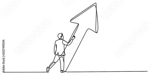Konstfotografi Businessman holding up a large growth arrow line art