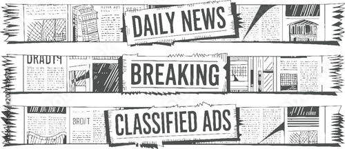 Three horizontal newspaper sections with headlines d a i l y n e w s b r e a k i n g and c l a s i f i e d a d s in a sketchy monochrome style