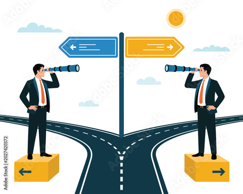 Bild auf Leinwand Business decision illustration set, generic businessmen at road fork with binoculars and directional signs for strategy planning design