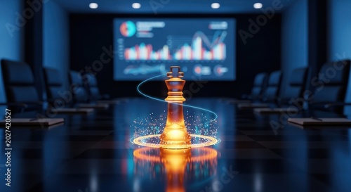 Golden chess king piece glowing on conference table in a modern meeting room with digital data analytics display, business strategy.