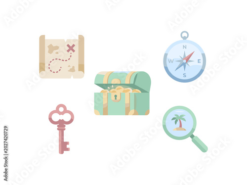 Treasure hunt icons set with key compass map