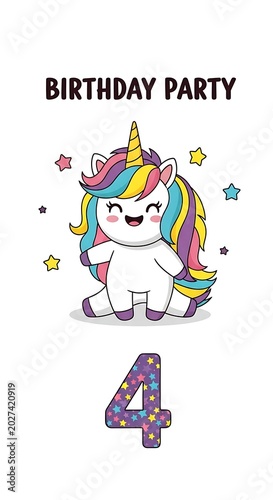 Cute Rainbow Unicorn Celebrating Fourth Birthday Party on White Background