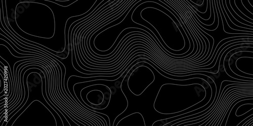 Topographic map background with white contour lines on black vector abstract terrain isoline pattern, abstract black and white topographic contour lines organic flowing curves vector background.