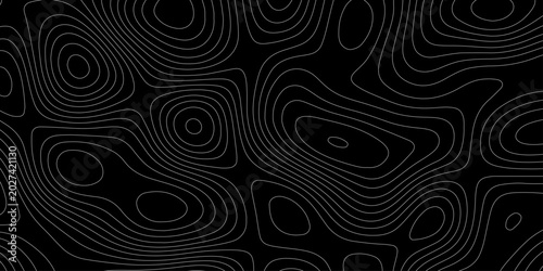 Topographic map background with white contour lines on black vector abstract terrain isoline pattern, abstract black and white topographic contour lines organic flowing curves vector background.