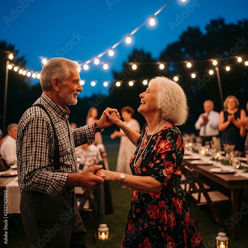 Happy Elderly Couple Dancing Under String Lights at Outdoor Evening Party