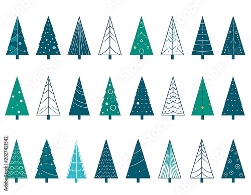 Stylized Teal Christmas Tree Icons Arranged in Rows on White Background