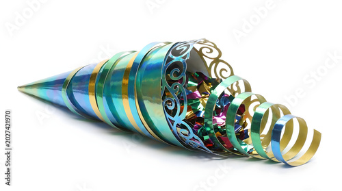 Shiny metallic party horn filled with colorful confetti isolated on a white background for festive celebration concepts