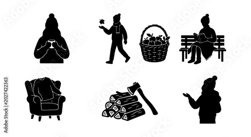 Foto Cozy Winter Activities Vector Icons, Cozy Home & Outdoor Scenes, Knitting, Apple