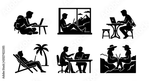 Photos Digital Nomad Silhouettes, Remote Work Icons, Freelancer Lifestyle Graphics, Wor