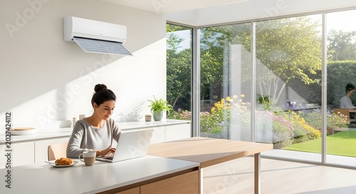Woman working on laptop in modern kitchen with air conditioner. Comfortable home climate control system for cooling room. Efficient residential hvac technology for interior living space.