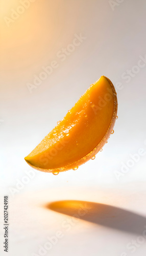Fresh Ripe Mango Slice with Water Drops Floating in Bright Golden Studio Background