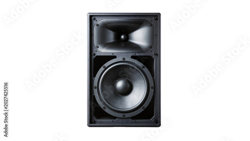 Tableau sur toile Black professional audio speaker with large woofer and horn tweeter, isolated on