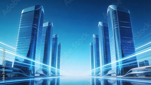 Futuristic skyscrapers with glowing light trails