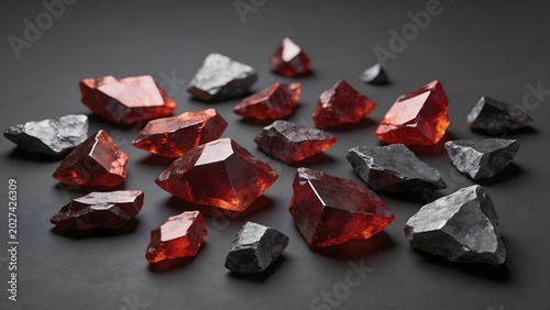 Red and black gemstones on dark surface