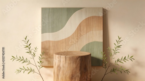 Wooden art piece with tree stump and branches