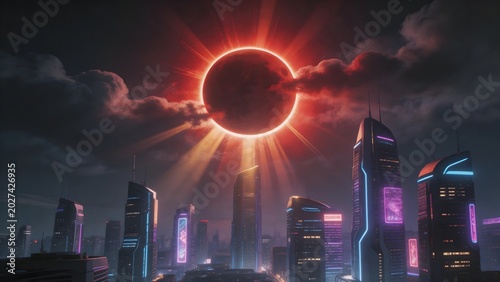 Futuristic cityscape with solar eclipse